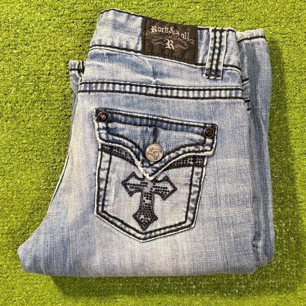 Vintage Y2K Rock & Roll Cowgirl Western Denim Jeans Bootcut Low Rise Rhinestones